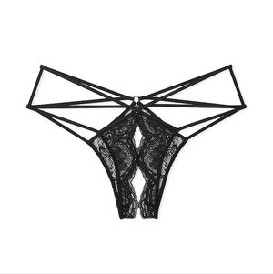 NWOT Victoria's Secret Med Black Very Sexy Lace Strappy Crotchless Cheeky Panty